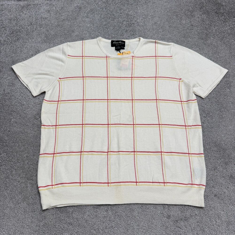 Eddie Bauer Windowpane Golf Sweater Womens 2XL Off White Short Sleeve Cotton Top
